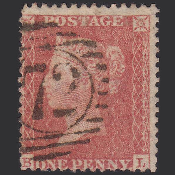 GB QV 1857 1d Pale Rose Pl 34 SG39-C10(3) BL GU London D&S 72 Misperf