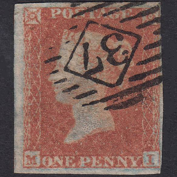 GB QV 1852 1d Red-Orange Pl 144 SGB2(4) MI FU 4M London Is 37 Later State
