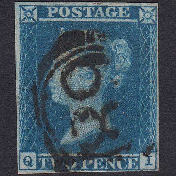GB QV 1841 2d Blue Plate 3 SG14-E1(2) QI FU 4 Margins London D&S 68