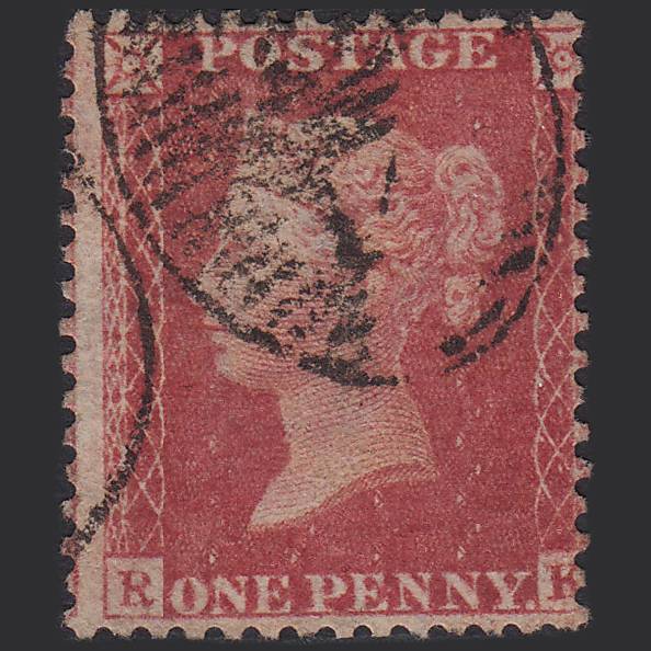 GB QV 1857 1d Rose-red Pl 36 SG40-C10(1) RK GU London D&S Cancel Misperf