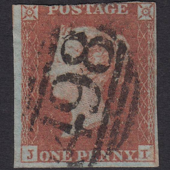 GB QV 1841 1d Red-brown Pl 98 SG8-B1(1) JI GU 3 Margins Manchester 498
