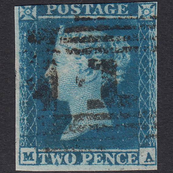 GB QV 1841 2d Blue Plate 4 SG14-E1(2) MA FU 3 Margins Aberdeen 1