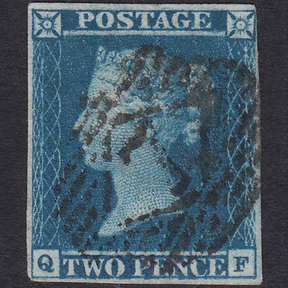 GB QV 1841 2d Blue Plate 3 SG14-E1(2) QF FU 4 Margins London IS 7