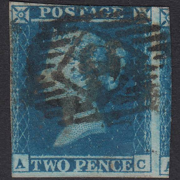 GB QV 1841 2d Blue Plate 4 SG14-E1(2) AC GU Nr 4 Margins London IS Cancel