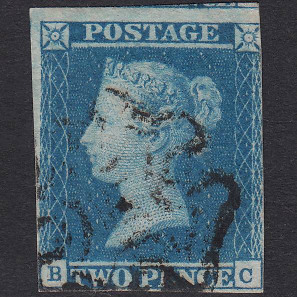 GB QV 1841 2d Blue Plate 3 SG14-E1(2) BC FU 3 Margins Maltese Cross