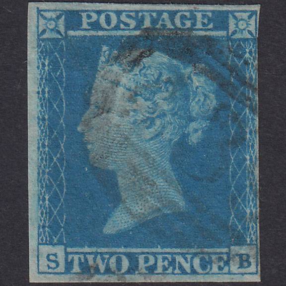 GB QV 1841 2d Blue Plate 4 SG14-E1(2) SB FU 4 Margins Launceston 439