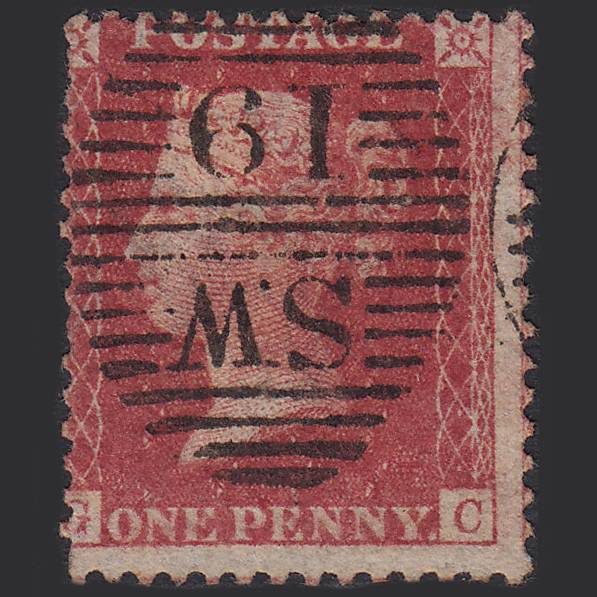 GB QV 1857 1d Rose-red Pl 36 SG40-C10(1) GC FU London D&S SW19 Misperf