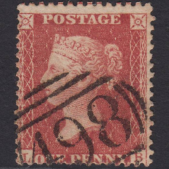 GB QV 1857 1d Rose-red Pl 34 SG40-C10(1) LB GU Manchester 498 Misperf