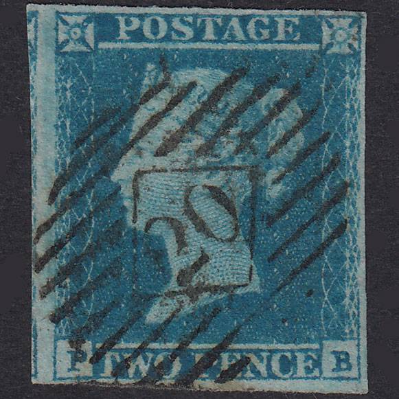 GB QV 1841 2d Blue Plate 4 SG14-E1(2) PB FU 4 Margins London IS 20