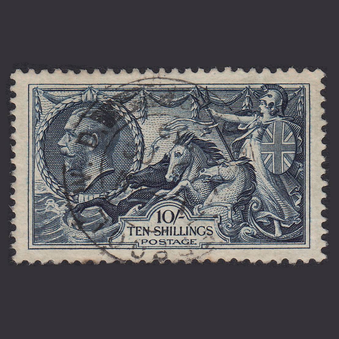 GB KG5 1934 10/- Indigo Seahorses SG452-N75 FU Liverpool CDS