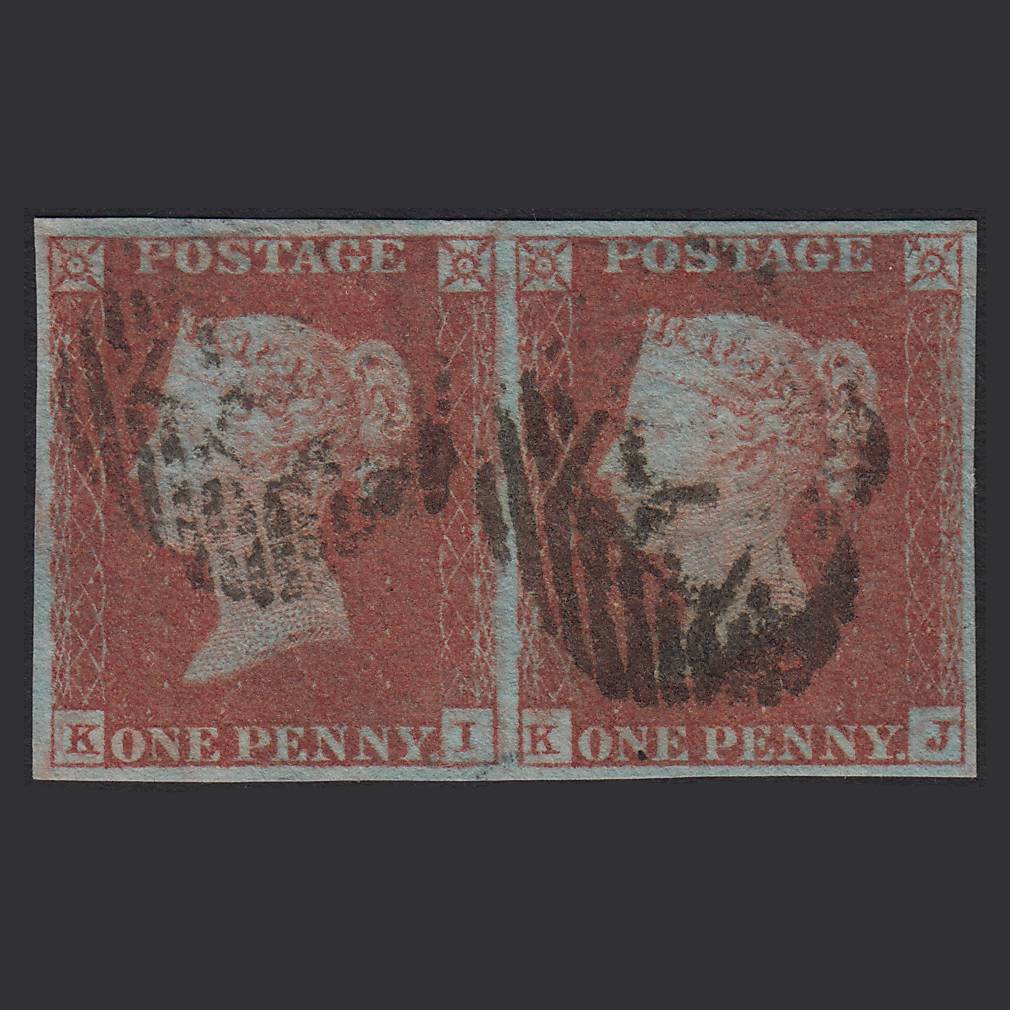 GB QV 1841 1d Very Blued (Plate 87) SG8a-B1(2) KI-KJ FU Pair 4M Imperf