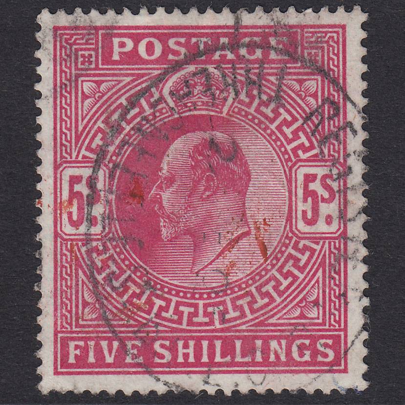 GB KE7 1902 5/- Brt Carmine SG263-M51(1) GU Registered Cancel
