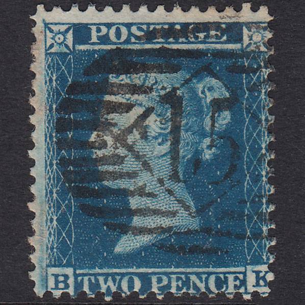 GB QV 1855 2d Blue Plate 5 SG34-F6(1) BK FU London IS 15 15.J