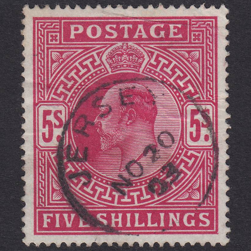 GB KE7 1902 5/- Dp Brt Carmine SG264-M51(2) GU Jersey CDS