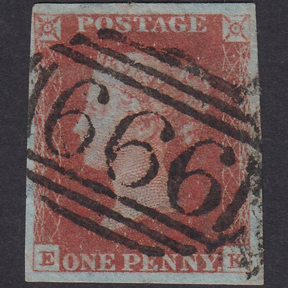 GB QV 1841 1d Red-Brown Plate 62 SG8-B1(1) EK FU 4 Margins Ryde Iow 666