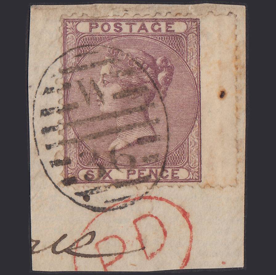 GB QV 1856 6d Pale Lilac SG70-J70 GU London D&S W36 On Piece