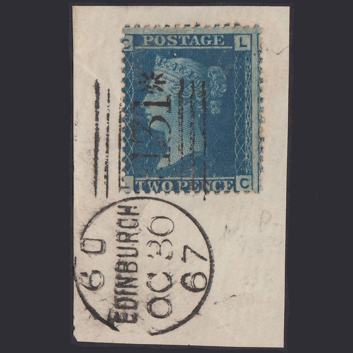 GB QV 1858 2d Blue Plate 9 SG45-G2 LC FU Edinburgh 131 On Piece