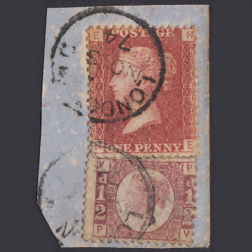 GB QV 1864 1d Lake-Red Plate 168 SG44-G1(2) NE GU London CDS On Piece