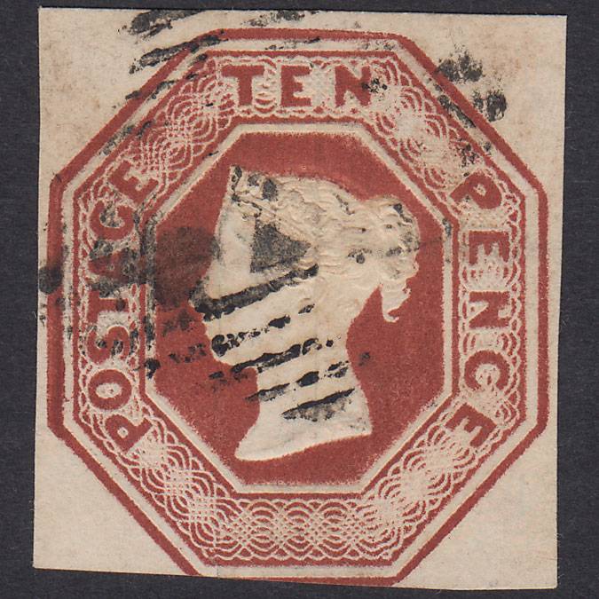 GB QV 1848 10d Brown Embossed SG57-H2 Die 3 FU Cut Square Light Irish PMK