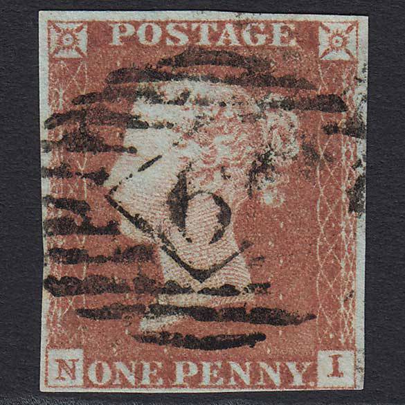 GB QV 1841 1d Red-brown Pl 69 (SG8) 'NI' GU 4 Margins London IS Cancel