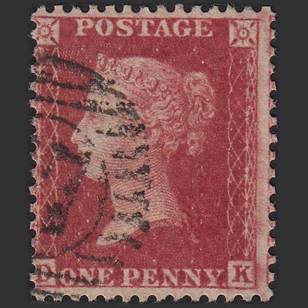 GB QV 1857 1d Rose-red Pl 60 SG40-C10(1) DK FU London D&S Cancel Misperf
