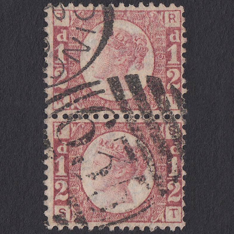 GB QV 1870 1/2d Rose (Plate 5) SG49-G4 RT-ST VFU Pair Reading 635