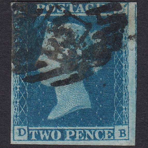 GB QV 1841 2d Blue Plate 4 SG14-E1(2) DB GU Nr 4 Margins London IS Cancel