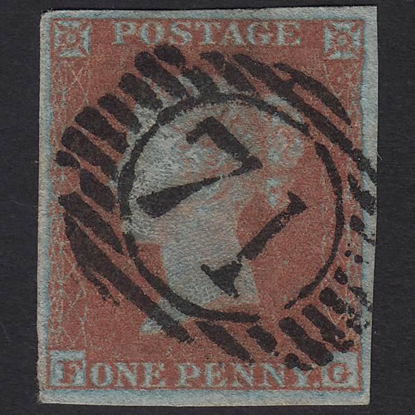 GB QV 1841 1d Very Blued Pl 138 SG8a-B1(2) FG FU 4M Imperf London D&S 71