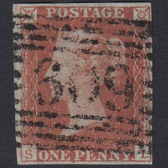 GB QV 1841 1d Red-brown Pl 93 SG8-B1(1) SL FU 4 Margins Stonehaven 309