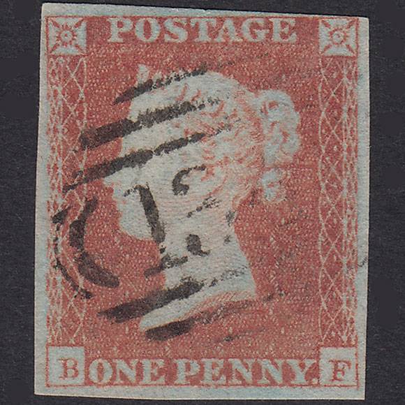 GB QV 1841 1d Red-Brown Plate 129 SG8-B1(1) BF FU 4 Margins Bristol 134