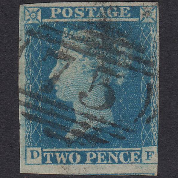 GB QV 1841 2d Blue Plate 4 SG14-E1(2) DF FU Nr 4 Margins Birmingham 75