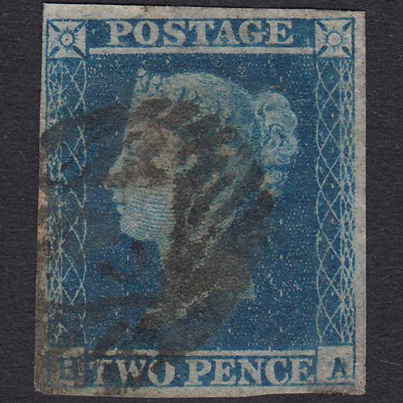 GB QV 1841 2d Blue Plate 4 SG14q-E1(2) HA GU 4 Margins Thin Paper