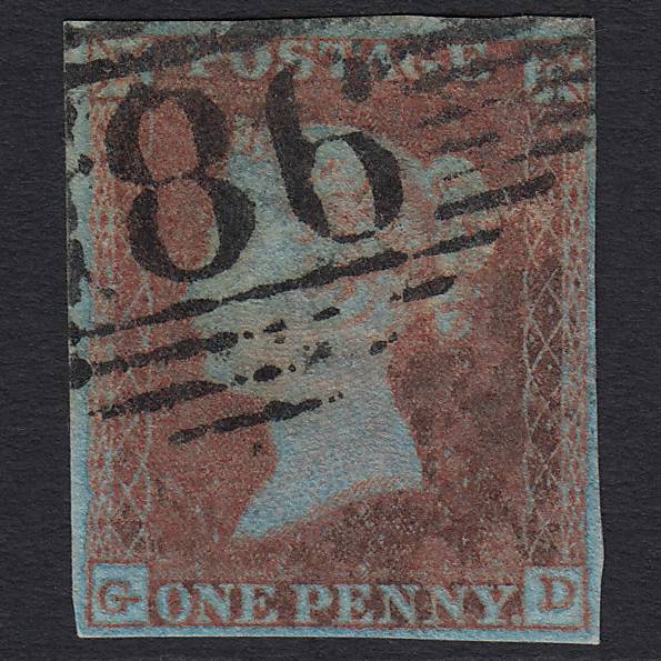 GB QV 1841 1d Very Blued (Plate 130) SG8a-B1(2) GD GU Dublin 186 4 Margins
