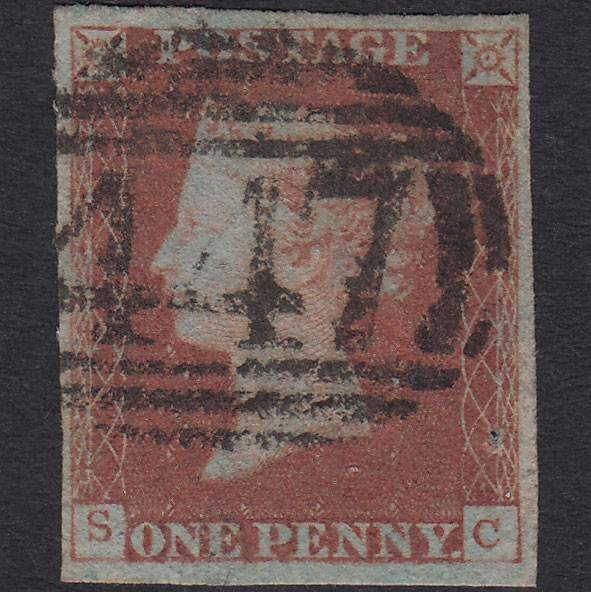 GB QV 1841 1d Red-brown (Plate 77) SG8-B1(1) SC GU 4M Leeds 447 Pinhole
