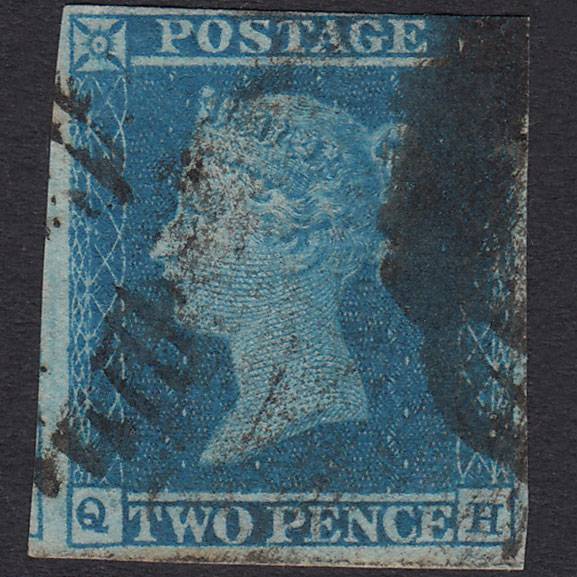 GB QV 1841 2d Blue Plate 4 SG14-E1(2) QH GU Nr 4 Margins