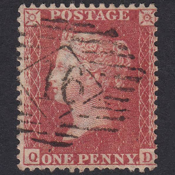 GB QV 1857 1d Rose-Red Plate 44 SG40-C10(1) QD FU Light Cancel 16