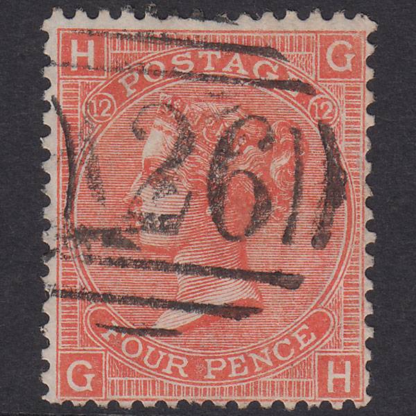 GB QV 1865 4d Vermillion Plate 12 SG94-J54 GH FU Gibraltar A26