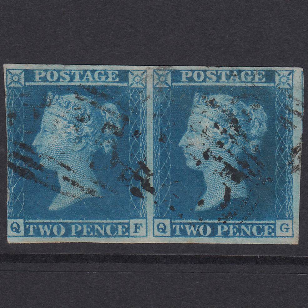 GB QV 1841 2d Pale Blue Plate 3 SG13-E1(1) QF-QG VFU / GU Pair