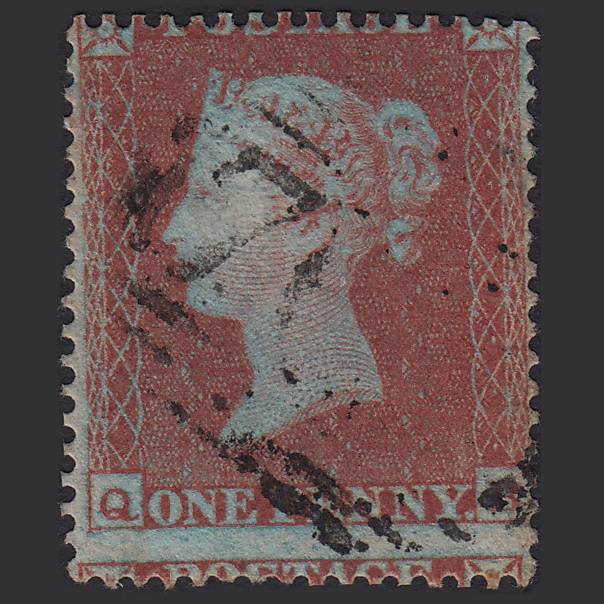 GB QV 1854 1d (Plate 180) SG17-C1(1) QB GU Light Cancel Large Misperf