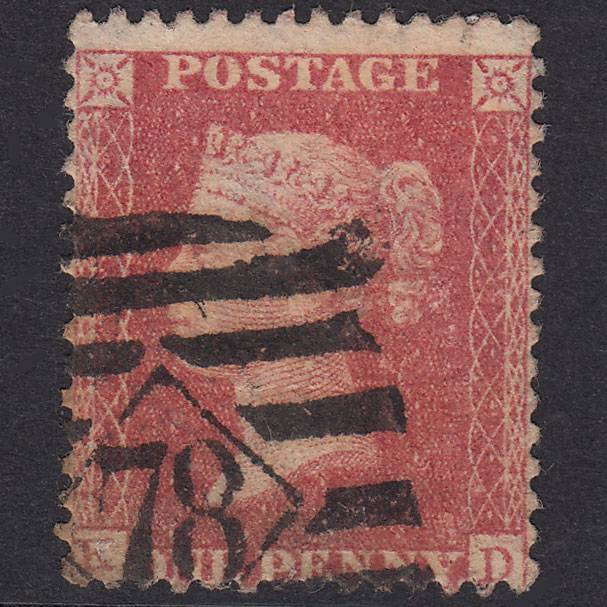 GB QV 1857 1d Rose-Red Plate 43 SG40-C10(1) KD GU Light Cancel 78