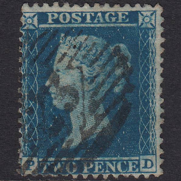 GB QV 1855 2d Blue Plate 5 SG34-F6(1) PD GU London IS 23