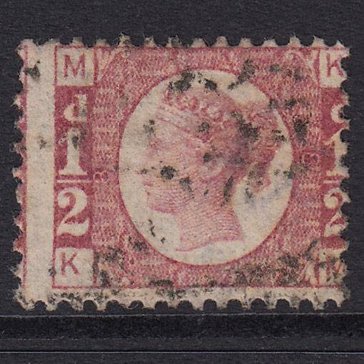 GB QV 1870 1/2d Rose-Red Plate 8 SG48-G4 KM FU Light Cancel Misperf