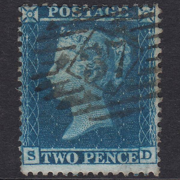 GB QV 1855 2d Blue Plate 5 SG23A-F3 SD GU London IS 37