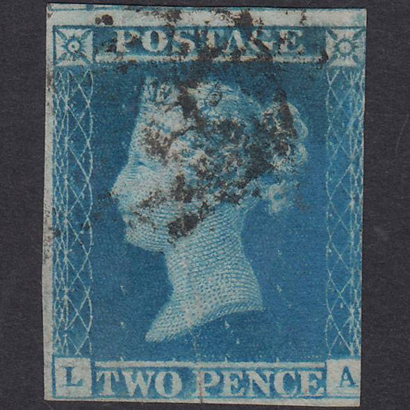 GB QV 1841 2d Blue Plate 3 SG14-E1(2) LA GU 3 Margins