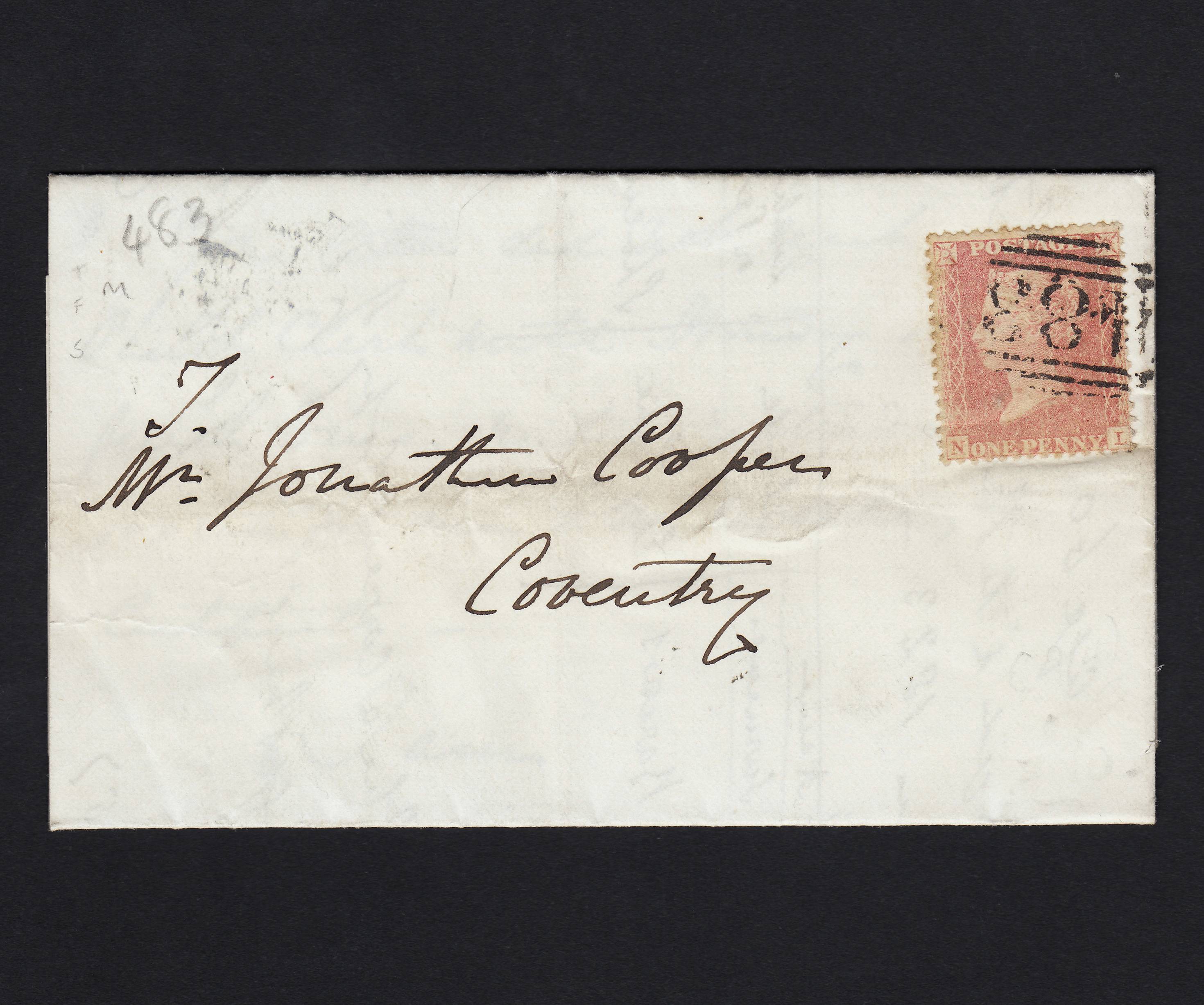 GB QV 1857 1d Transitional (Plate 38) C9A(1) NL GU Lutterworth to Coventry