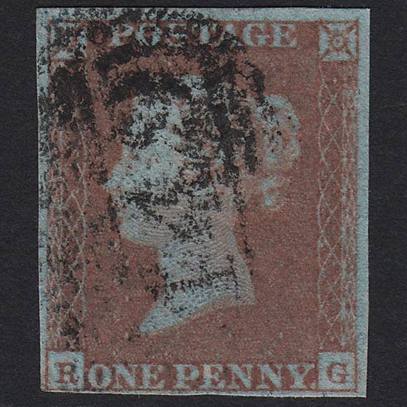 GB QV 1841 1d V Blued (Plate 102) SG8a-B1(2) RG GU Leicester 449 nr 4M