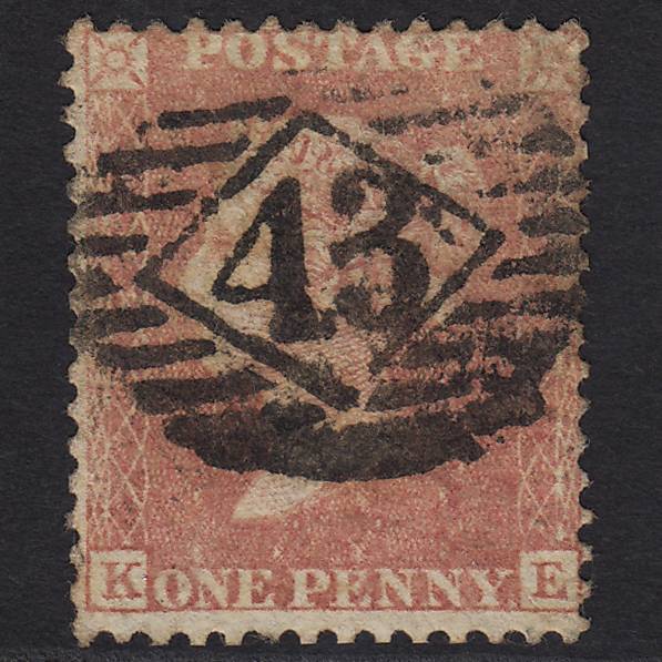 GB QV 1857 1d Pale Red Transitional (Plate 38) SGC9(3) KE GU London IS 43