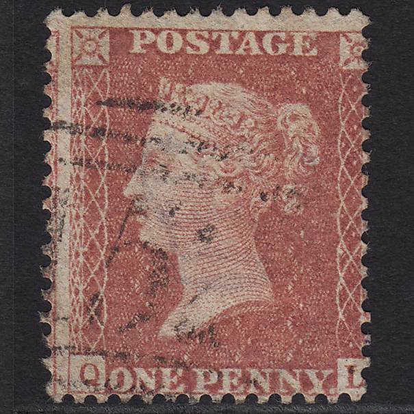 GB QV 1857 1d Rose-red Pl 56 SG40-C10(1) QL FU Light Cancel Large Misperf