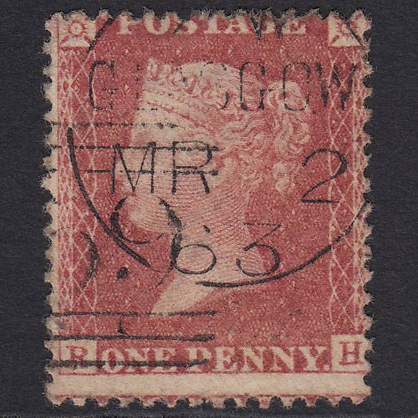 GB QV 1857 1d Rose-red (Plate 27) SG40-C10(1) RH FU Glasgow CDS Cancel