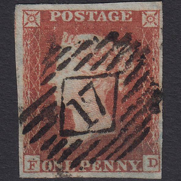 GB QV 1841 1d Red-brown Pl 128 SG8-B2(1) FD FU 4 Margins London IS 17